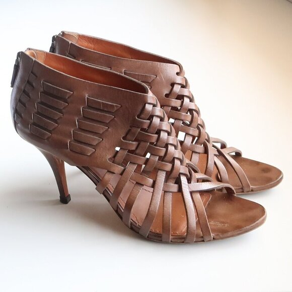 Givenchy Brown Leather Woven Strappy Open Toe Heels Sandals Luxury Bootie Shoes - Picture 16 of 16